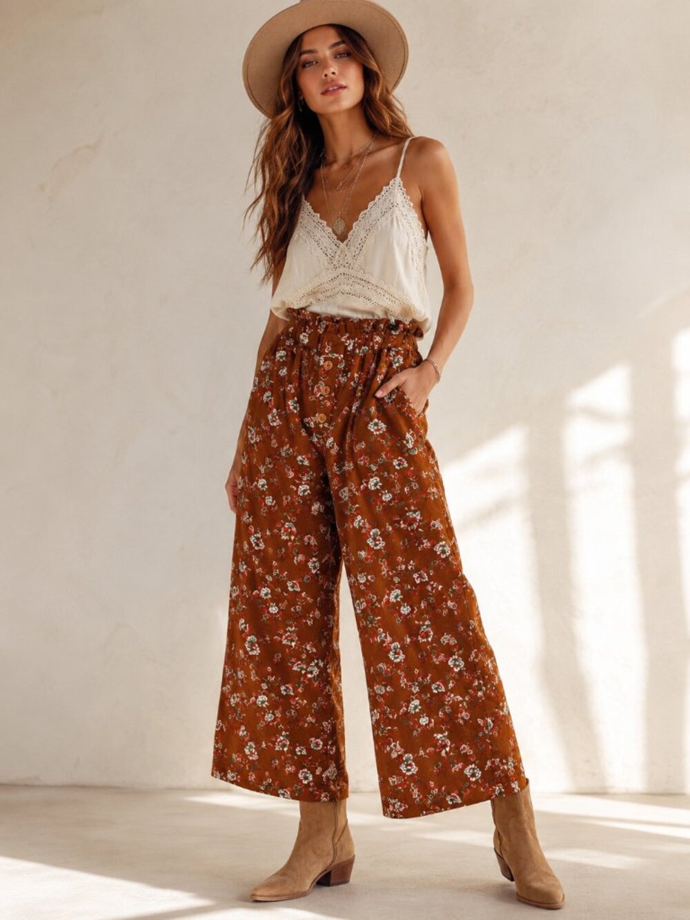 BOG Collective Floral Wide Leg Pants XS Brown Coral Paperbag Waist Cropped